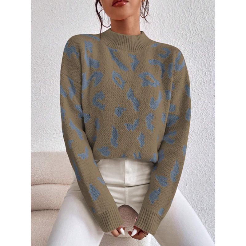 Women S Fashion Round Neck Long Sleeve Pullover Sweater Leopard Print