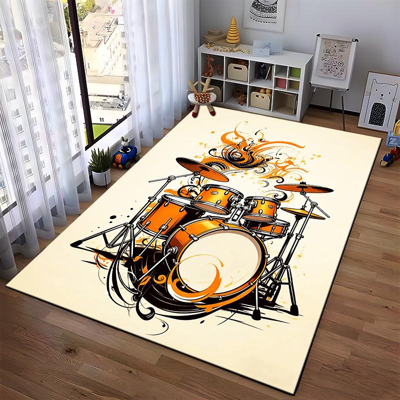 Stylish Drum Set Design Carpet with Orange and Black Patterns, Music Decor Suitable for use as an anti-slip for living room bedroom sofas