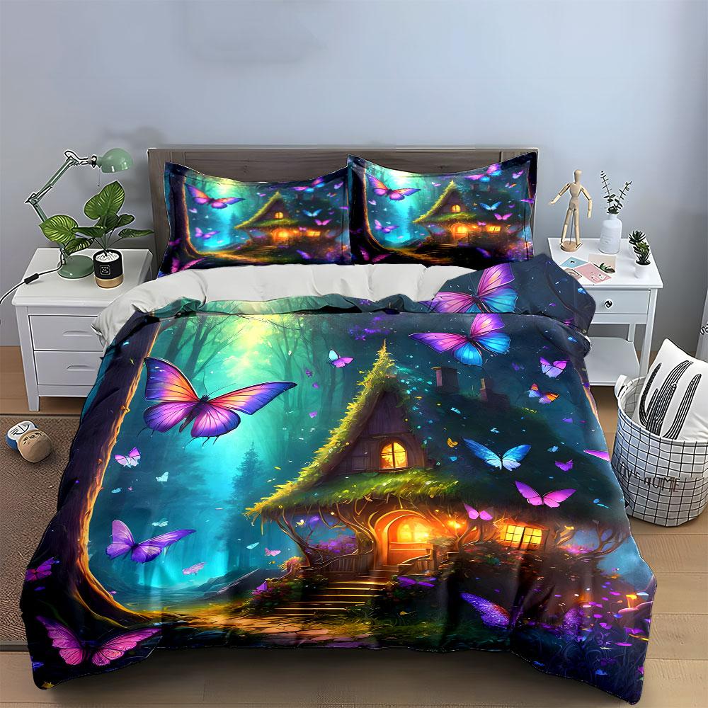 Magical Butterfly Forest Decor Set Soft Skin-Friendly Bedding Set Includes 1 Duvet Cover And 2 Pillowcase Gift