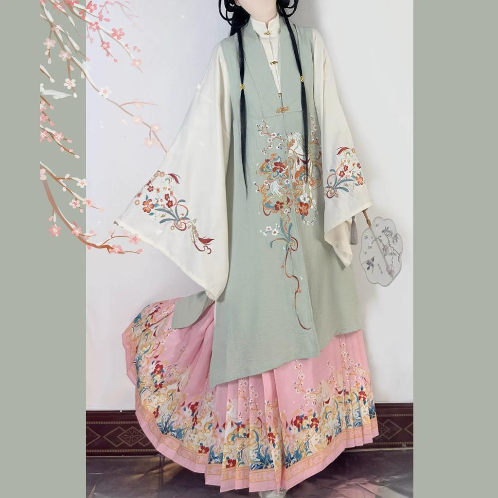 Women's Ming Dynasty Hanfu Set - Traditional Chinese Stand Collar Long Shirt, Embroidered Vest & Floral Mamian Skirt For Cosplay Festival
