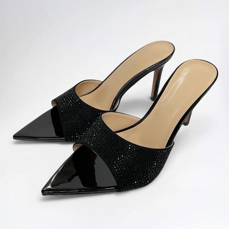 Мода Мода Блестящие Черные Кристаллы Туфли-Шлепанцы на Высоком Каблуке Женские Элегантные Остроносые Тонкий Каблук Сандалии-Слайды Роскошный Бренд Дизайнерская Обувь 40 чёрный