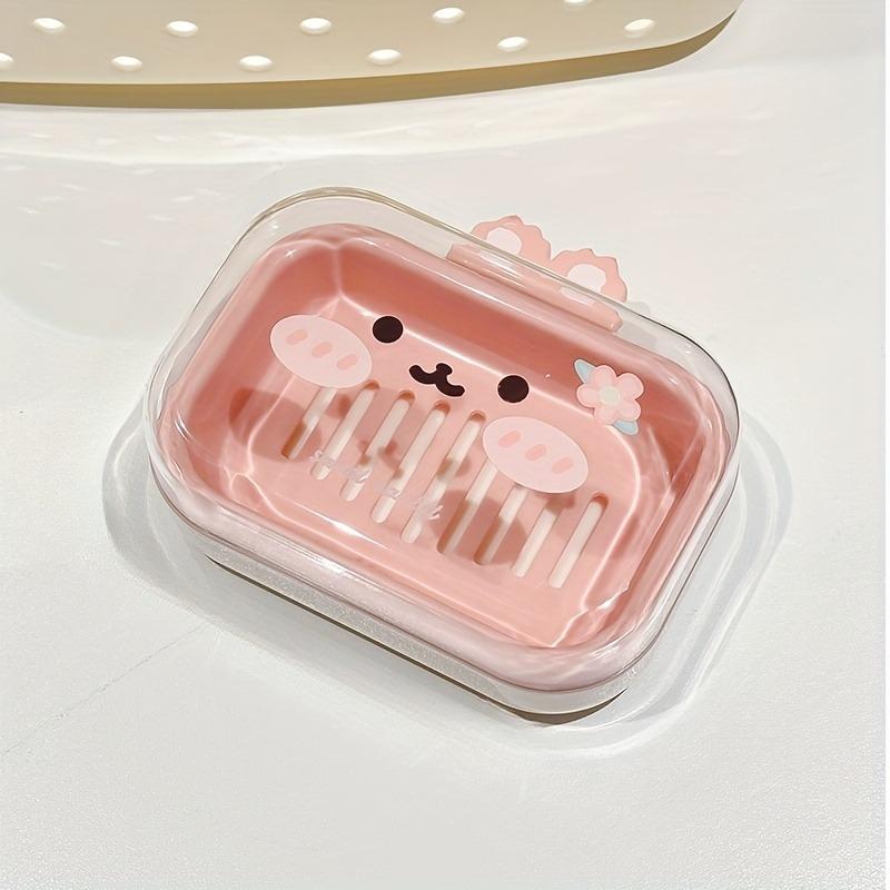 1PC Portable Cartoon Soap Box with Lid - Transparent Cartoon Rabbit Design, Double Drain Soap Holder