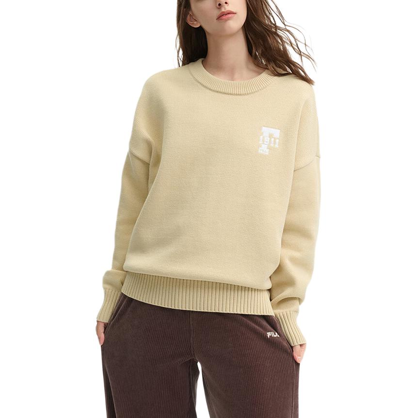 Fila Original F1911 Knit Sweater Vintage Fashion Comfortable Soft Pullover Round Neck Long Sleeve Sweatshirt Unisex Sweatshirt Khaki F51M449401F-DK