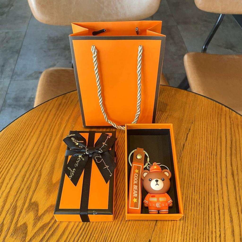 Cartoon Epoxy Traffic Police Firefighter Bear Keychain Promotional Gifts Fashion Couple Accessories Cute School Bag Lanyard