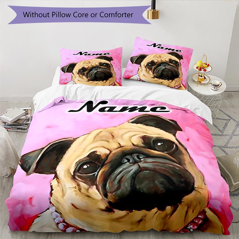 3PC Custom Name Pug Pearl Necklace Art Bedding Set Duvet Cover Closure Includes 1 Duvet Cover & 2 Pillowcases for Bedroom
