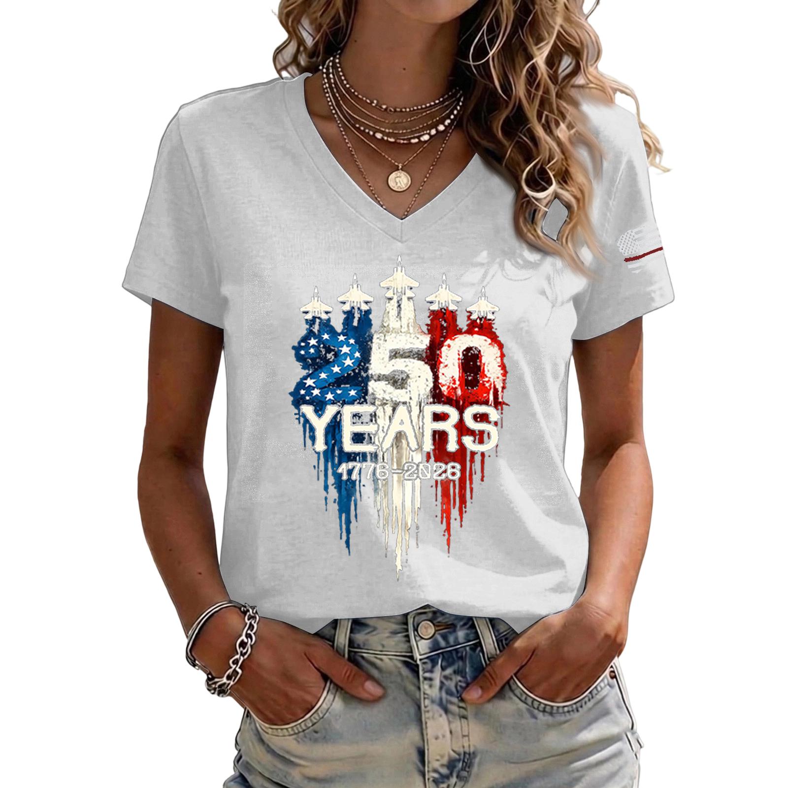 

Women’s Casual V Neck Short Sleeve Pullover T Shirt 250 Years 1776 2026 Print Loose Fit Top for Daily Wear S білий