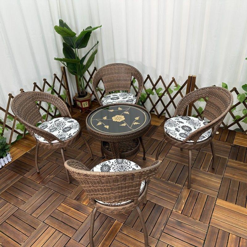 Three-Piece Chinese Style Rattan Table and Chair Set - Indoor Balcony Swivel Chair, Durable Round Five-Piece Swivel Design