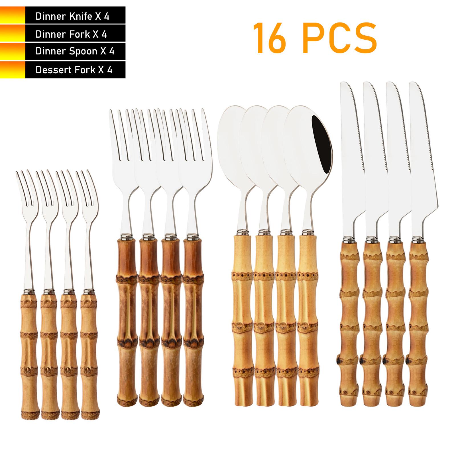 

16 PCS Bamboo Handle Flatware Set, Stainless Steel Silverware Set for 4, Knives Forks Spoons and Tea Fork Set, Use For Home Kitchen Party and Travel серебряный
