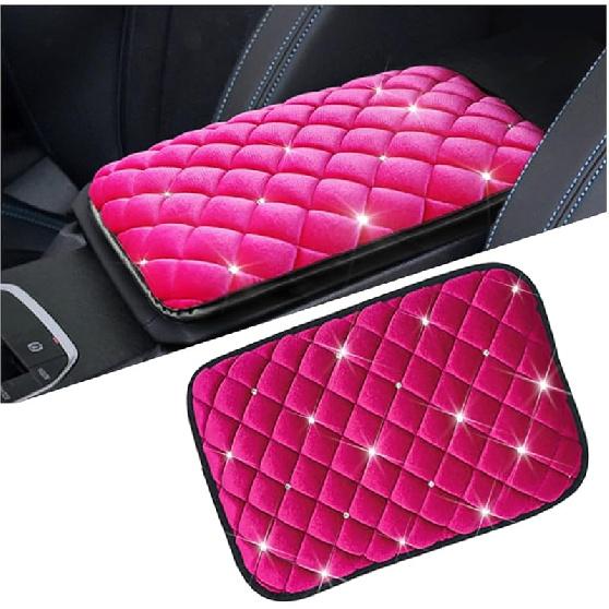 Mandark Bling Car Center Console Cover, Crystal Rhinestone Fluffy Automotive Armrest Seat Box Cushion Pad, Soft Comfortable Diamond Arm Rest