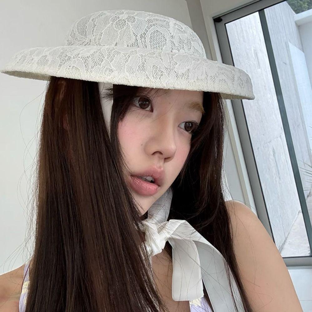 Sunscreen Lace Tied Topper Hat White Lace Bonnet Hat Hepburn Style Formal Hat  Parties Gathering