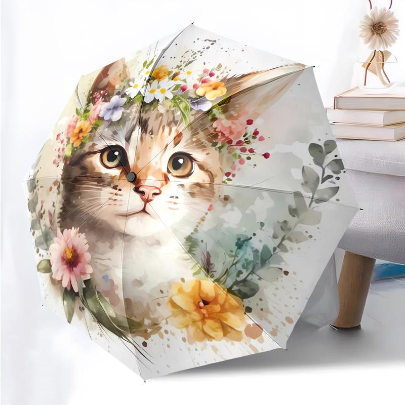 Lovely Cat Themed Folding Umbrella Fashion Auto-Open 8 Iron Ribs Plastic Handle Foldable Sunshade Perfect Christmas Gifts