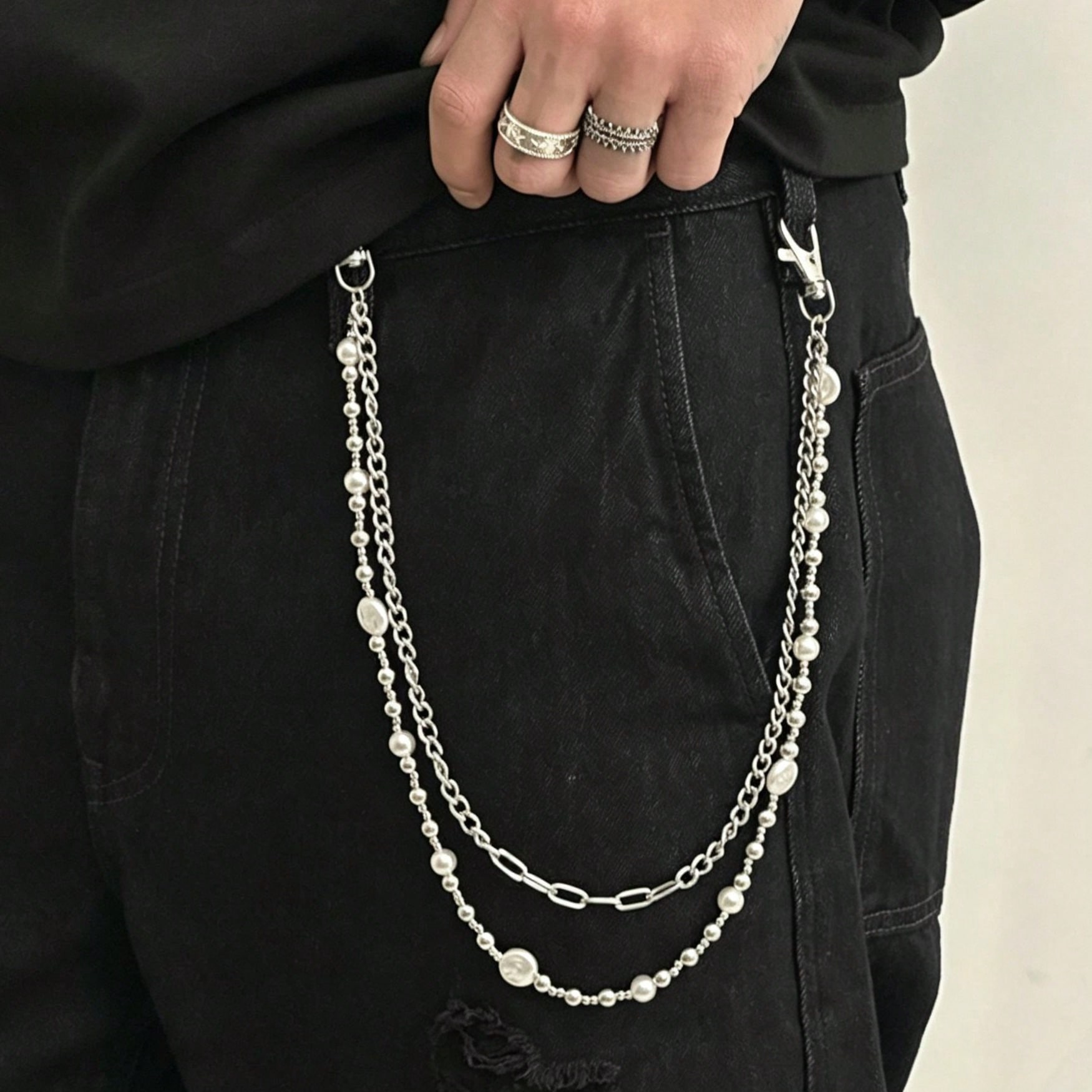 Chaîne de Pantalon Perles Hip Hop Européen et Américain Chaîne de Taille Jeans Assemblage de Chaînes Chaîne Suspendue Mode Niche argenté