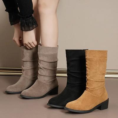 Women's Fur Suede Western Mid-calf Boots New  Fashion Pointed Thick Heel Short Boots Vintage Pleated Fashion Boots Women 2024