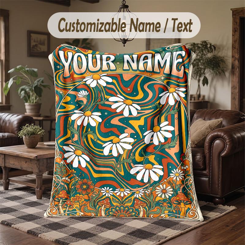 Floral Watercolor Theme Throw Blanket Custom Name Text Personalized Blanket Soft Cozy Blanket for Home Sofa Bed