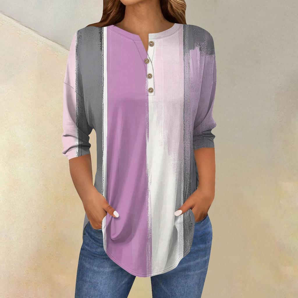 Damenmode Lässig Dreiviertelärmel Gestreift Bedruckt Rundhals T-Shirt Top