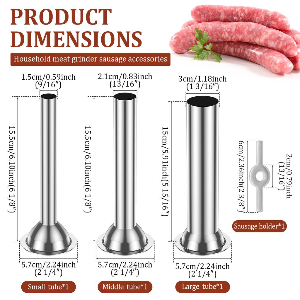 3Pcs Sausage Stuffer Tube Stainless Steel Sausage Filling Funnel with Retainer Ring Homemade Sausage Maker Tube for Meat Grinder