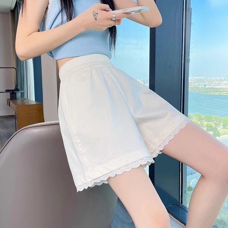 Sommer 2026 Damen High Waist Weiße A-Linien Spitze Besatz Lässige Eis Seide Shorts