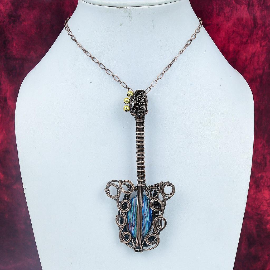 Rainbow Calsilica Gemstone Pendant Guitar Pendant Copper Wire Wrapped Jewelry