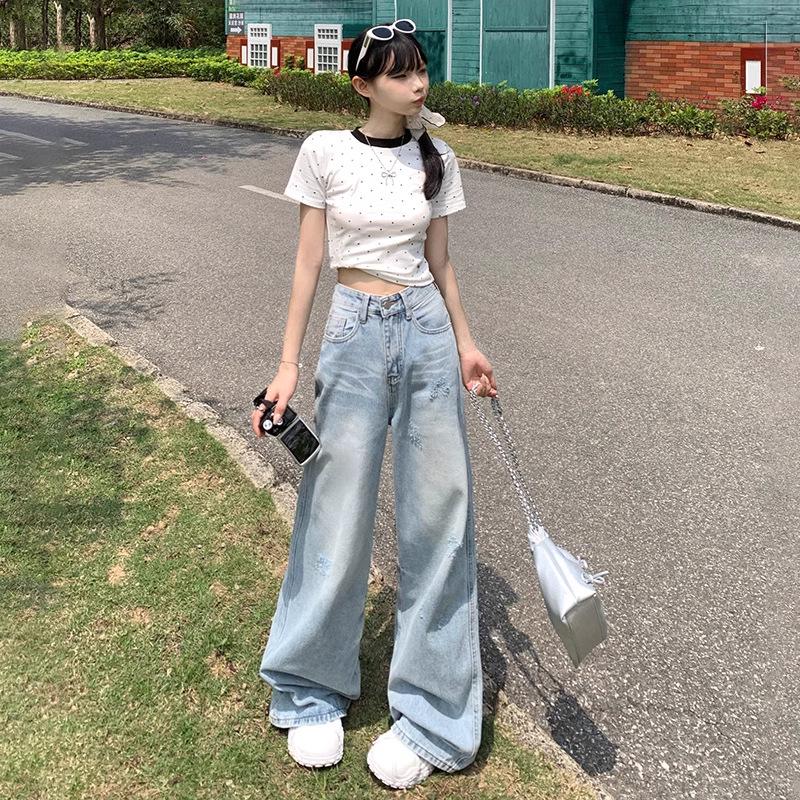 Spring/Summer 2024 Light Ripped High-Waist Wide-Leg Jeans for Women