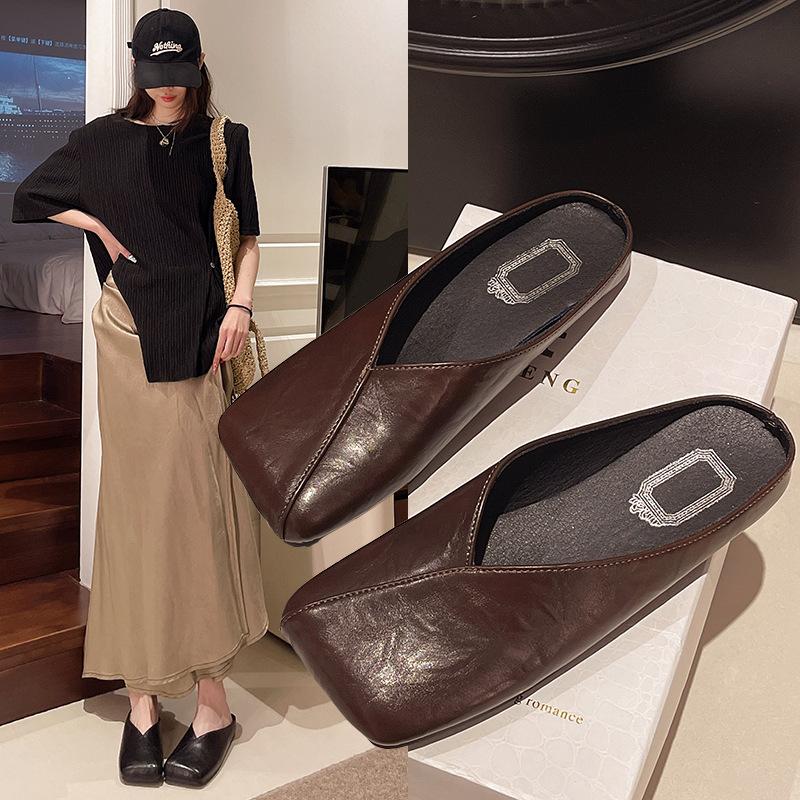 

Spring and summer new one-pedal bag head half slippers outer wear women s shoes shallow mouth comfortable versatile soft flat sole shoes 42