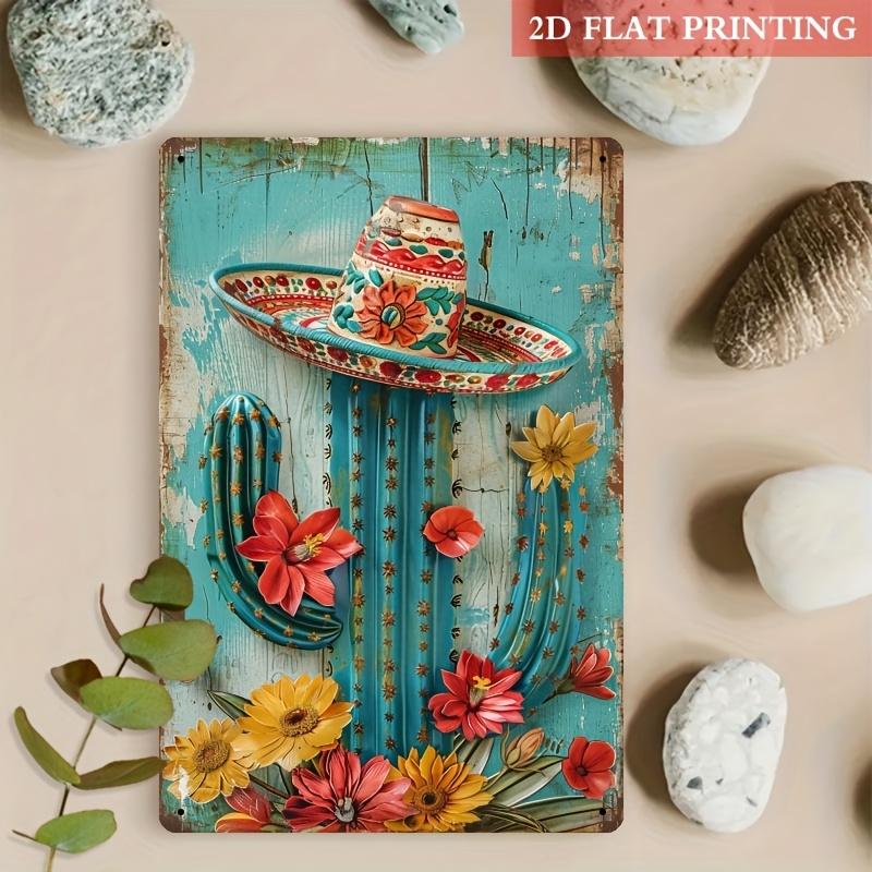 

[2D Flat] Vintage Cactus Metal Tin Sign with Sombrero - Rustic Teal Blue Wall Art, 20.32x30.48 cm, Colorful Floral Design, Indoo 20X30CM