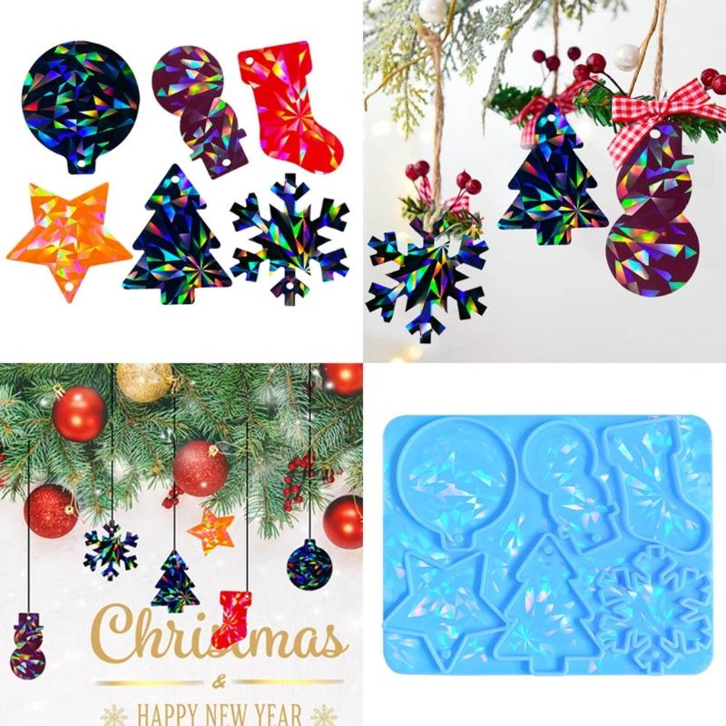Holographic Christmas Silicone Mold for DIY Ornaments Snowman Resin Mold Christmas Tree Snowflake Pendant Epoxy Molds