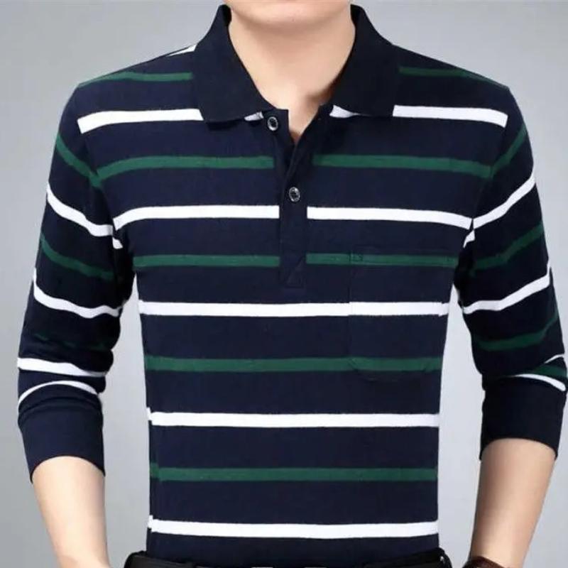 Camisas polo listradas masculinas da moda, novas camisas polo coreanas para negócios, primavera/outono, casuais, manga comprida, bolsos na lapela, roupas masculinas, tops de algodão, 2025