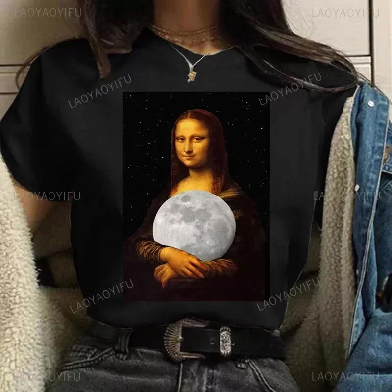 Vintage Humor Mona Lisa Print Women Fashion Top Funny Rose Mona Lisa T-Shirt Classic Camise Breathable Short-sleev