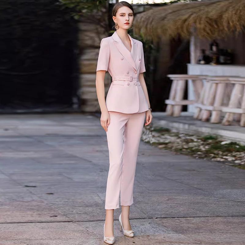 Women's Summer Pink Short-Sleeve Blazer Set - Professional OL Style