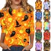 Womens Casual Halloween Print Round Neck Top Three Quarter Sleeve Lightweight Blouse for Seasonal Wear