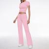 Women's Solid Color Two Piece Outfit Crop Short Sleeve Top Elastic Waist Flare Pants Casual Sports Tracksuit Set