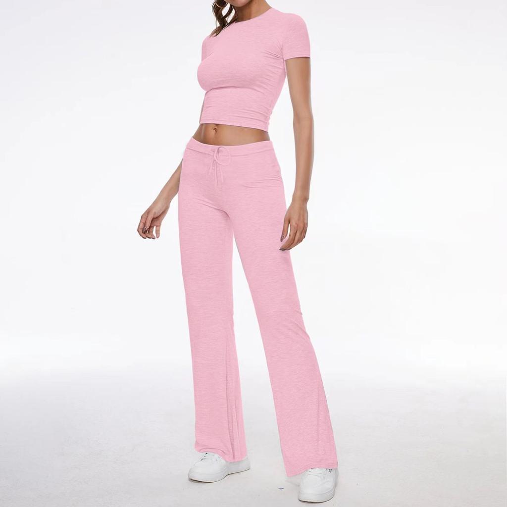 Women's Solid Color Two Piece Outfit Crop Short Sleeve Top Elastic Waist Flare Pants Casual Sports Tracksuit Set