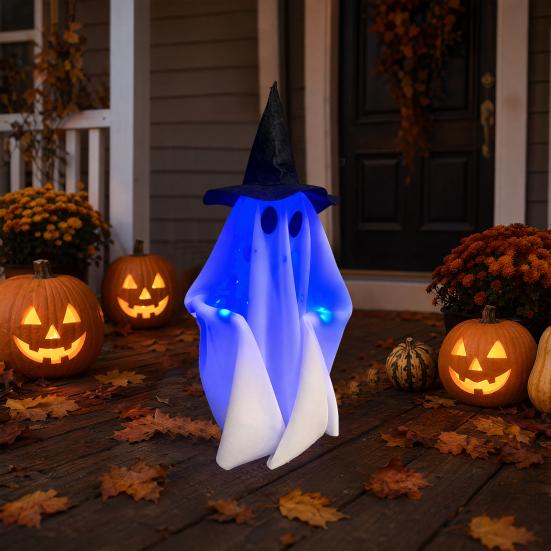 Halloween Gehender Geist Dekoration mit Sound, Hexe Hut Animiertes Requisit, Leuchtend Sprechende Spukhaus Deko für Party