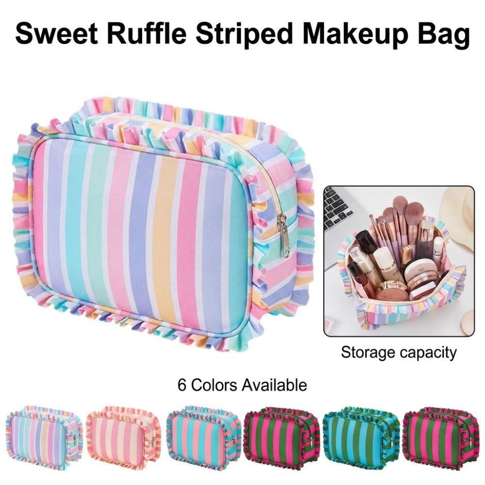Ruffle Decoration Cosmetic Bag Striped Travel Pouch Multipurpose Makeup Organizer  Women