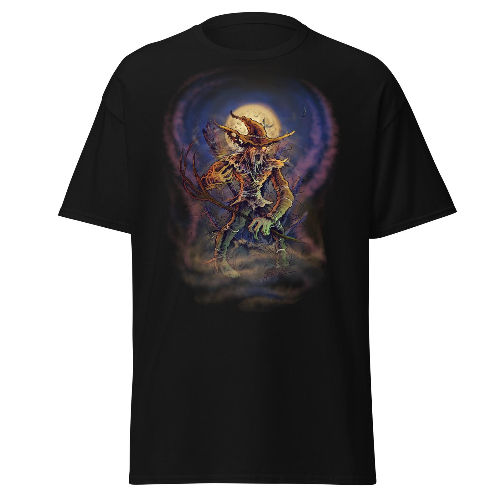 Spooky Scarecrow by and Old Fence-Cool Halloween Art T-shirt by Landon Huber S разноцветный