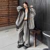 Korean version of fashion denim splicing suit women's spring and autumn new casual loose denim jacket wide-leg pants two-piece set