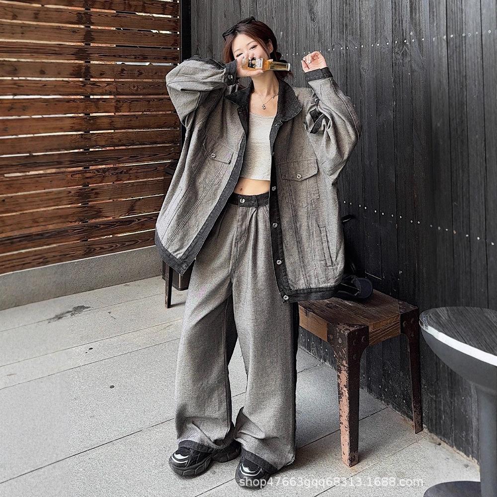 Korean version of fashion denim splicing suit women's spring and autumn new casual loose denim jacket wide-leg pants two-piece set