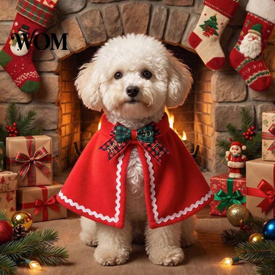 Cat Holiday Costume Pet Christmas Cape with Bow, Red Cloak for Small Medium Dogs & Cats, Outfit White Wavy Trim, Festive Apparel Pets Dog