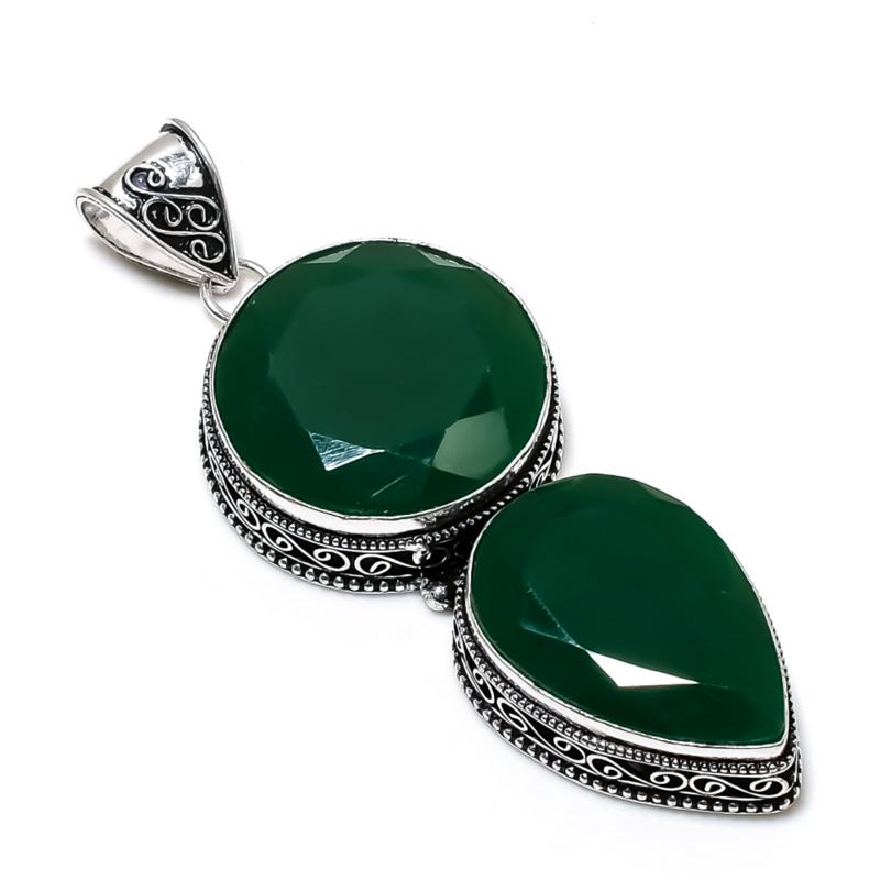 Smaragd Edelstein Anhänger 925 Sterlingsilber - Handgefertigtes Design, Alltagsschmuck, Einzigartige Smaragd Doppelstein Anhänger Geschenke