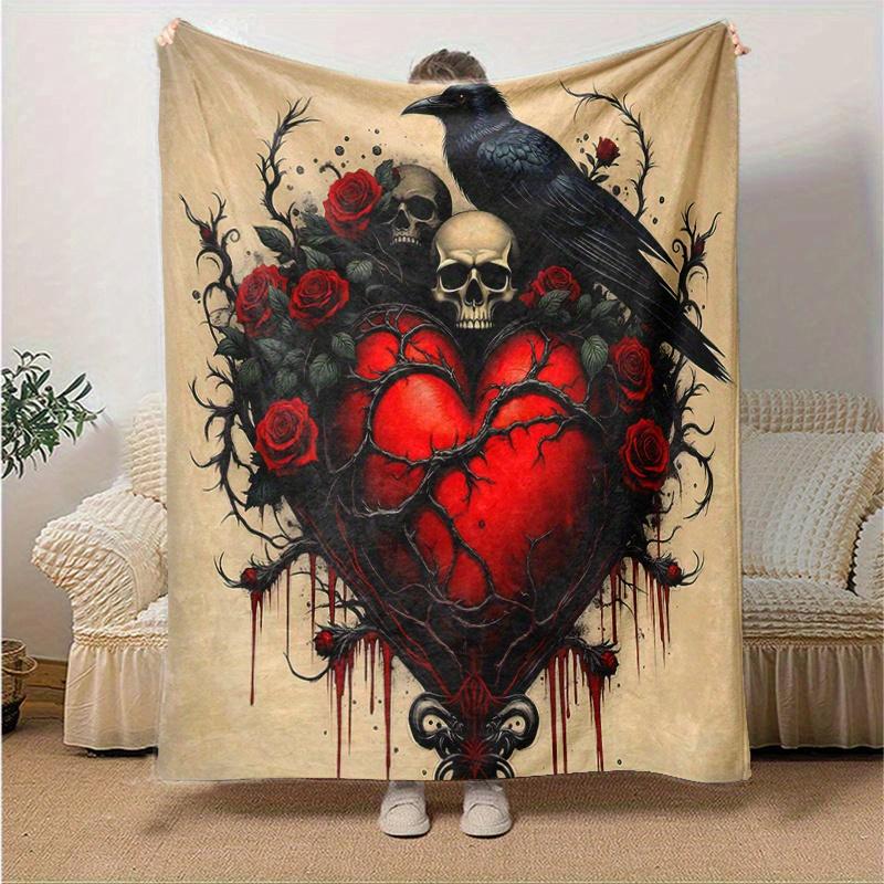 1 Stück Gothic Herz mit Raben Schädeln und Roten Rosen Decke Weicher Überwurf für Heimdekoration, Geschenkidee, Wohnzimmer, Reisen, Camping, Auto Decken