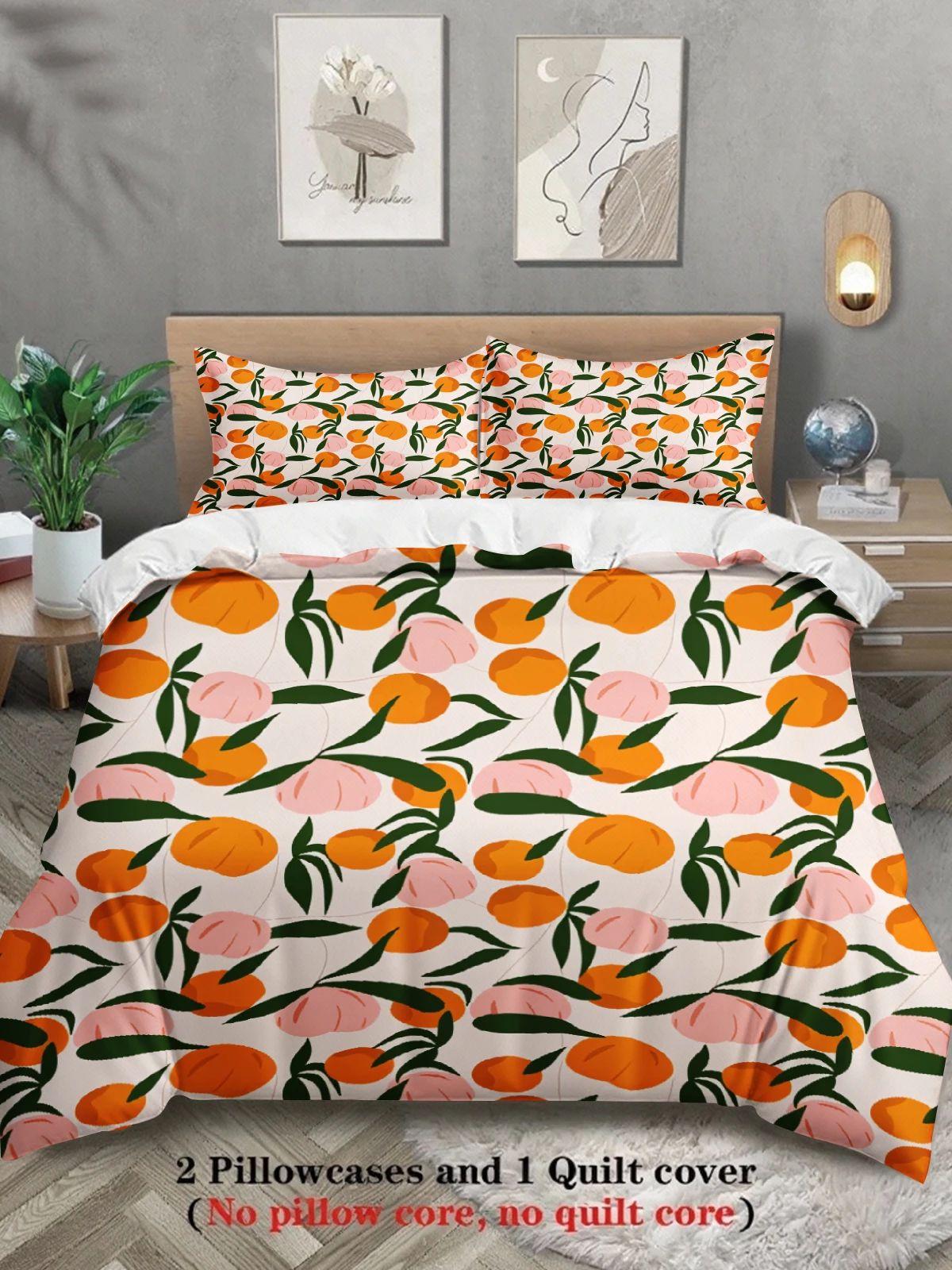 

Fruit Pattern Bedding Set White Orange And Pink Peach Print Bedding With Duvet Cover & Pillowcases For Bedroom US Full(200x230cm)