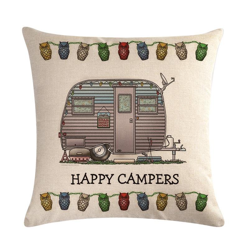 Happy Campers Peach Skin 2D Print Cushion Cover Retro Caravan RV Decorative Pillowcase for Outdoor Travel Camping Trailer Decor