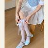 Japanese Style Ruffle Lace Trim Over the Calf Socks for Women Cute Ribbon Bowknot Hollowed Out Heart Fishnet Stockings