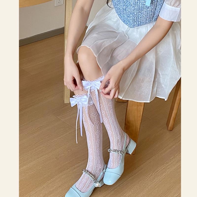 Japanese Style Ruffle Lace Trim Over the Calf Socks for Women Cute Ribbon Bowknot Hollowed Out Heart Fishnet Stockings
