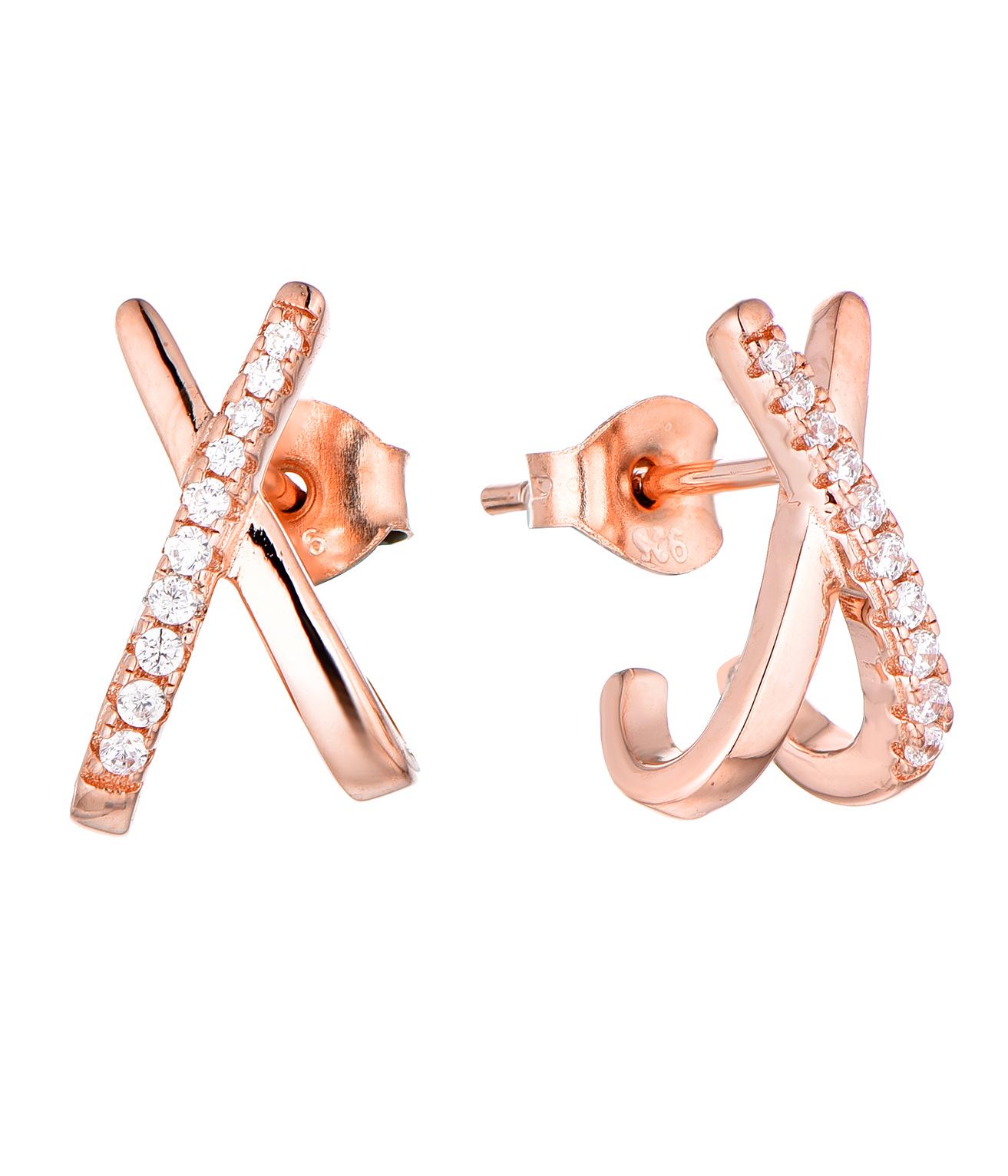 Rose Gold Plated Geometric Cross Cubic Zirconia Stud Earrings, S925 Sterling Silver Jewelry for Women розового золота