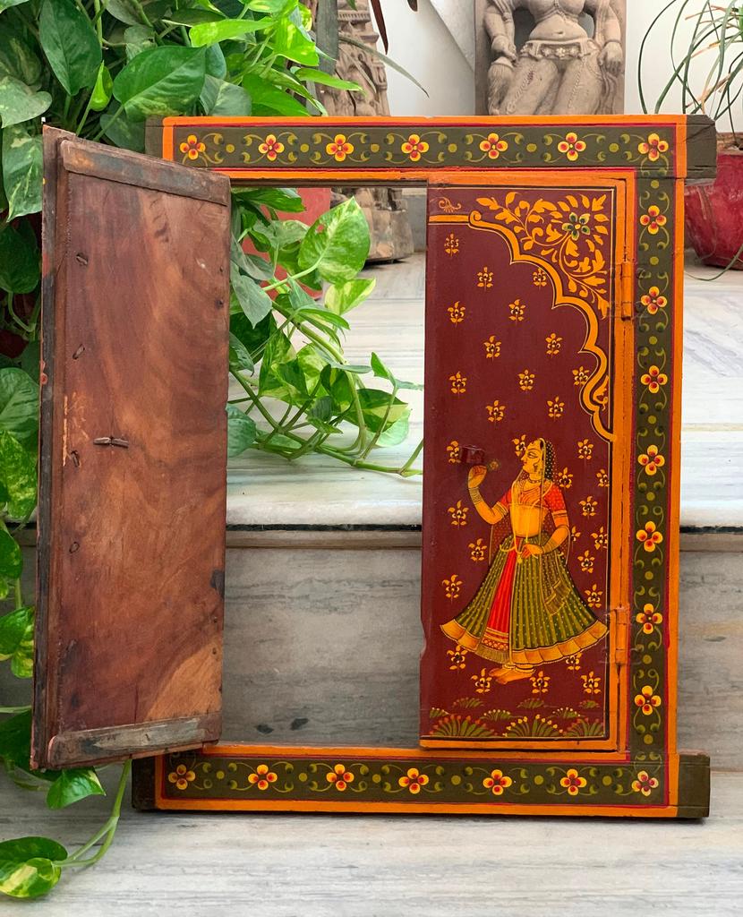 Handmade Antique Jharokha Window: Royal Couple Painting, Indian Festival Decor