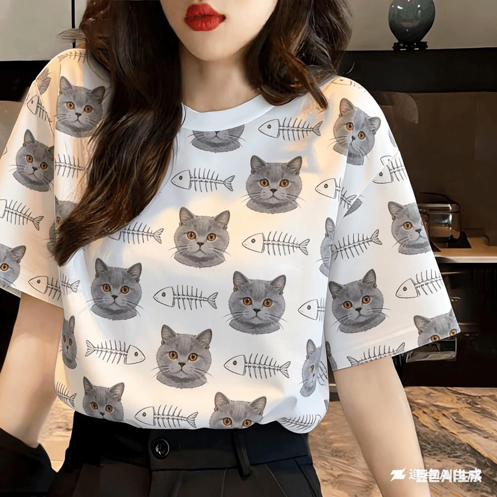Casual Printed T-Shirt for Adults - Flower & Cat Design XXS