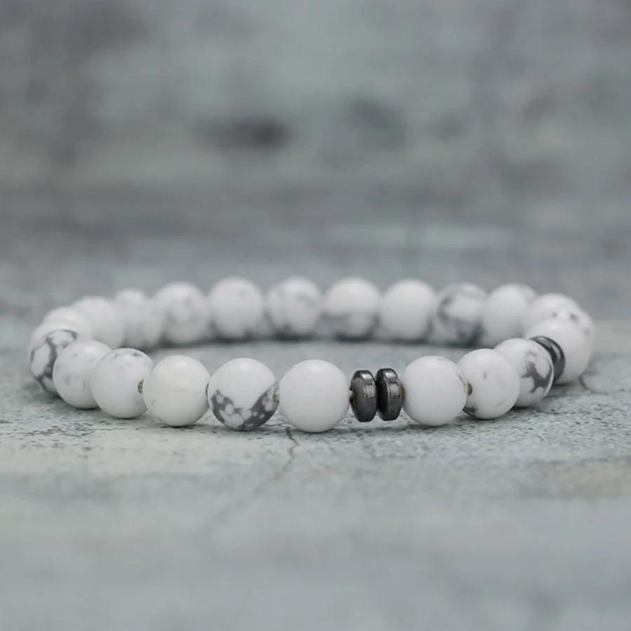 Genuine Natural Stone Beads Bracelet Men 8MM Howlite Obsidian Tiger Eyes Beaded Elastic String Bangles Homme Joias