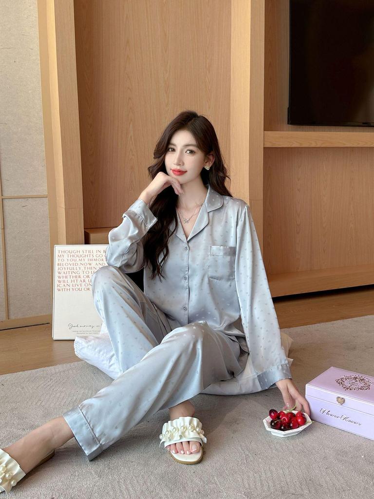 Ice Silk Women's Heart Jacquard Pajama Set - Long Sleeve & Pants