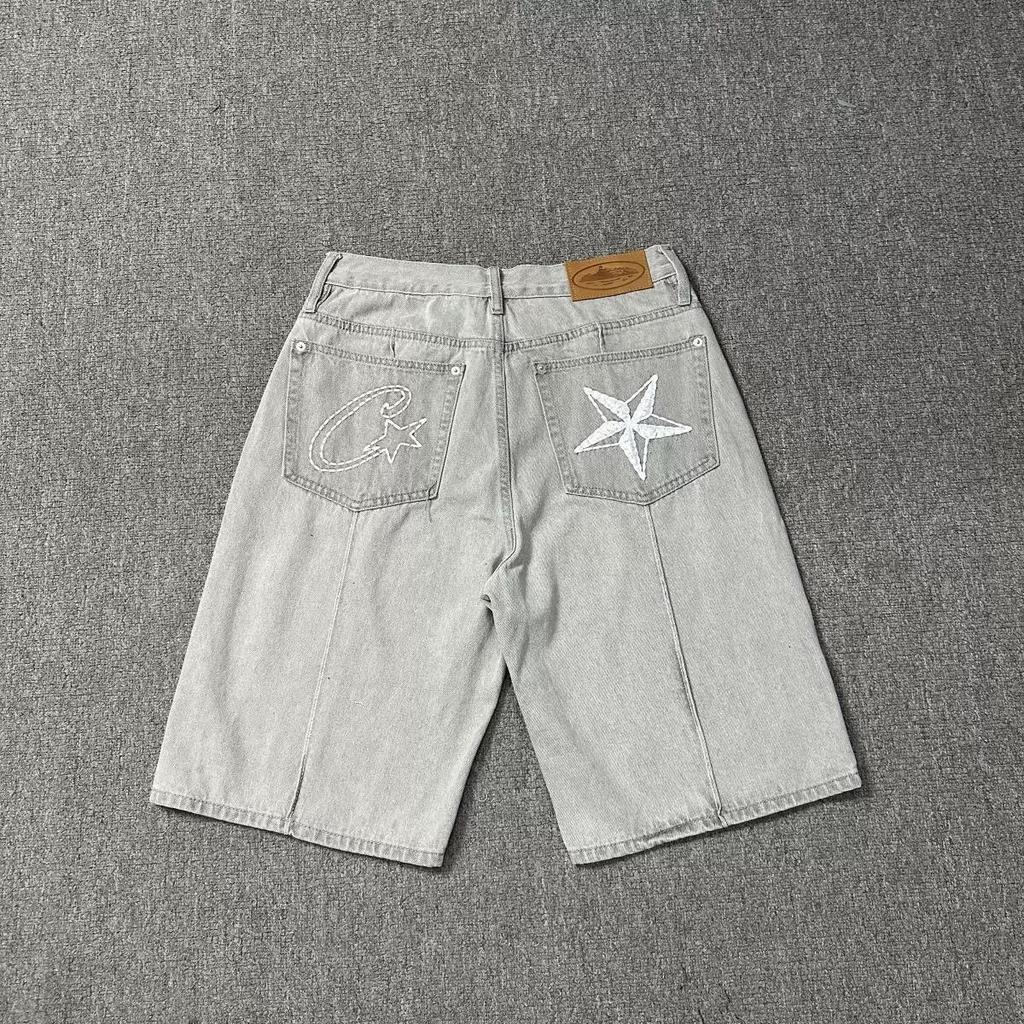 Pantaloncini in Denim Retro RogueWave Ricamo Hip-hop Cuciture Lavaggio Trend Street High Street Casual Sport